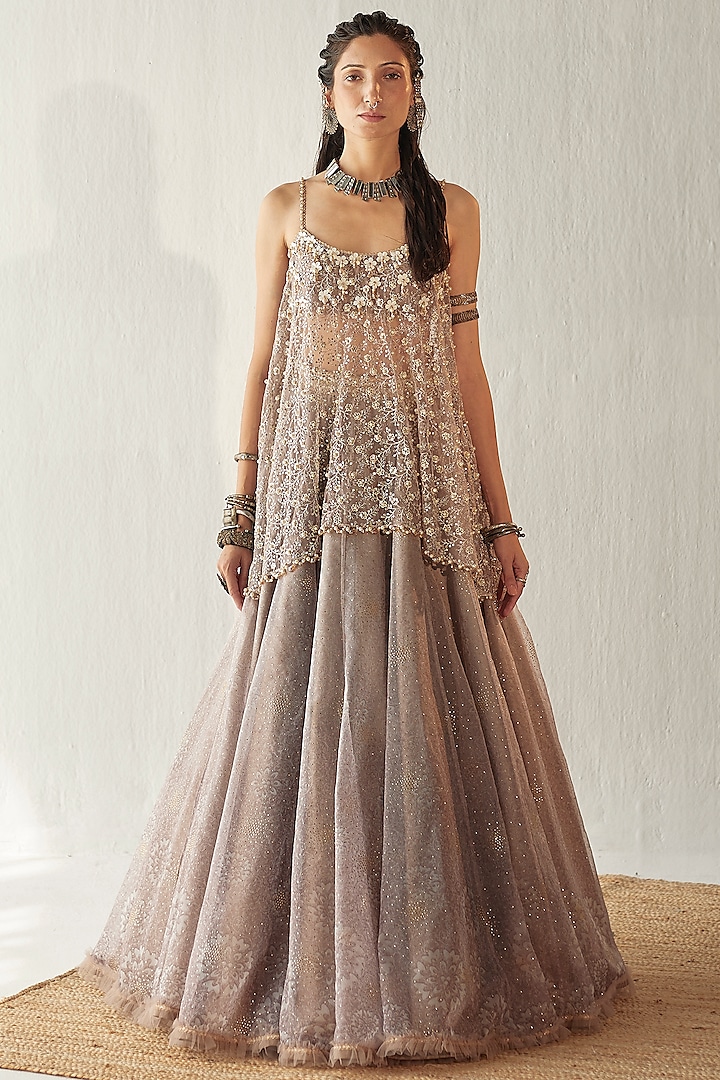 Misty Grey Organza Embroidered Wedding Lehenga Set by Cedar and Pine at Pernia's Pop Up Shop