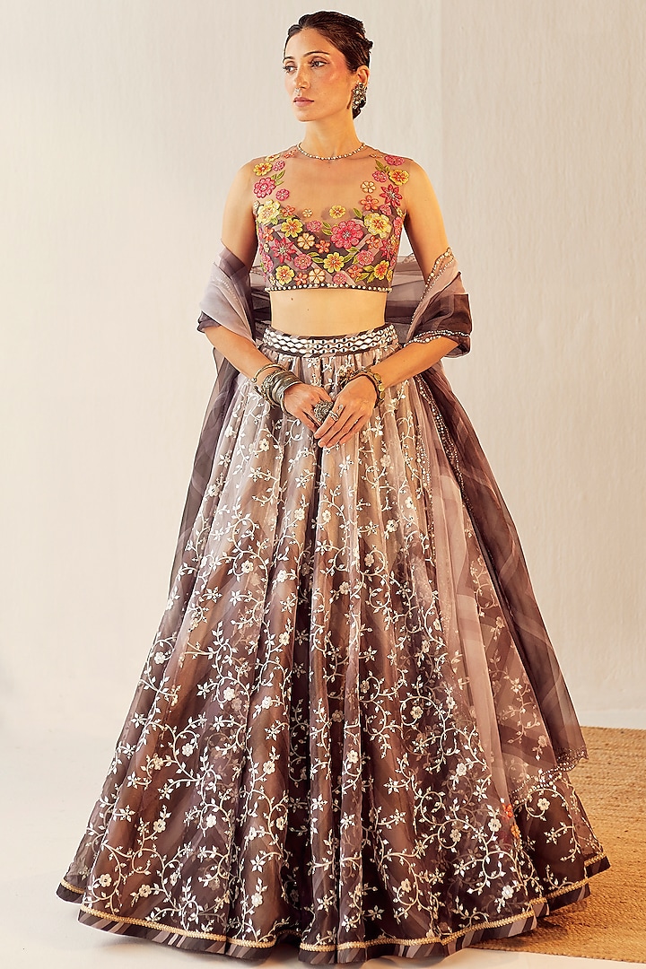 Grey & White Organza Embroidered Lehenga Set by Cedar and Pine