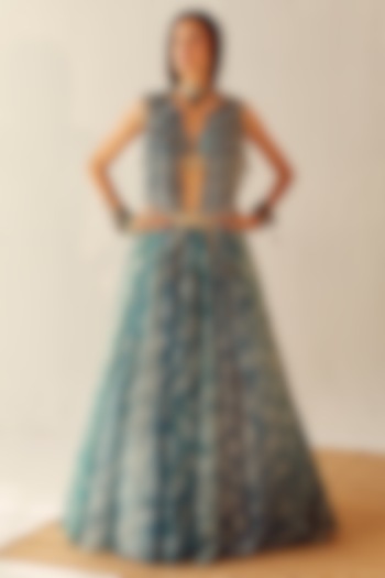 Lake Blue Organza Embroidered Lehenga Set With Gillet by Cedar and Pine