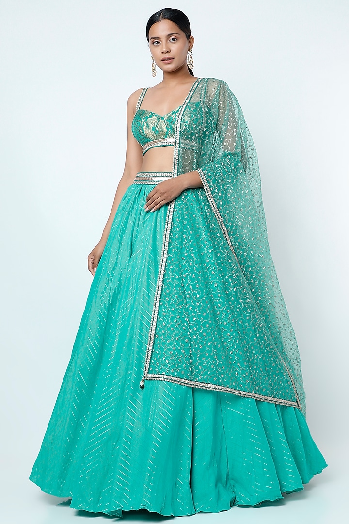 Aqua Blue Hand Crinkled Lehenga Set by Cedar and Pine