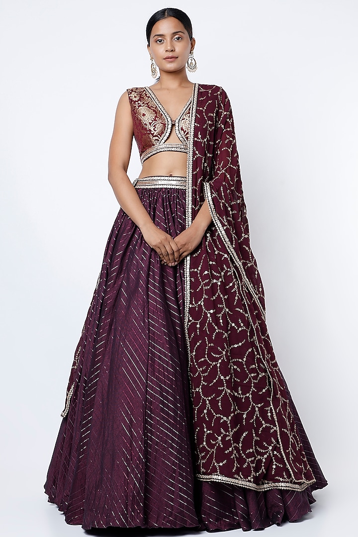 Wine Hand Crinkled Lehenga Set by Cedar and Pine