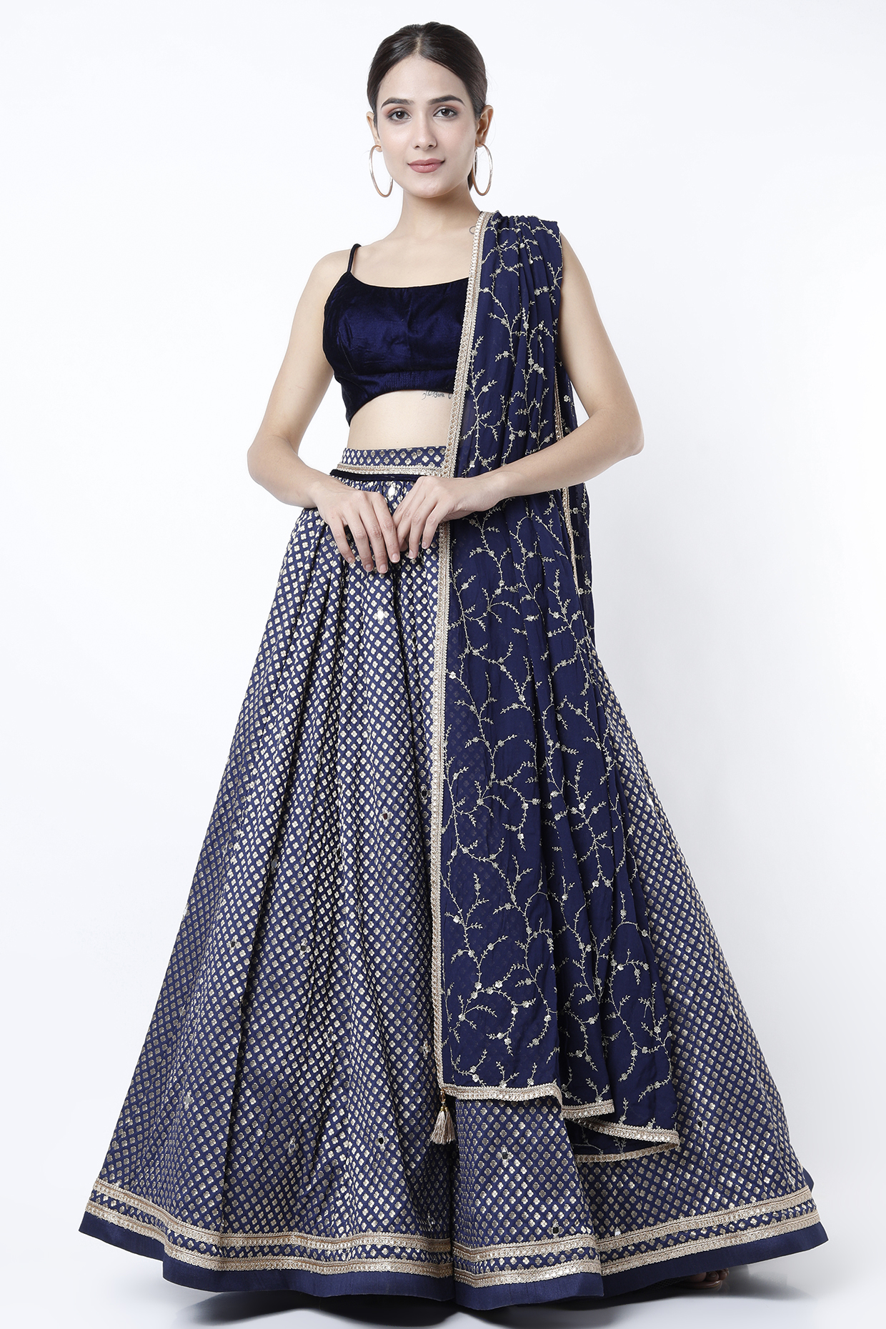 Dark Blue Mirror Embroidered Lehenga Set by Cedar and Pine