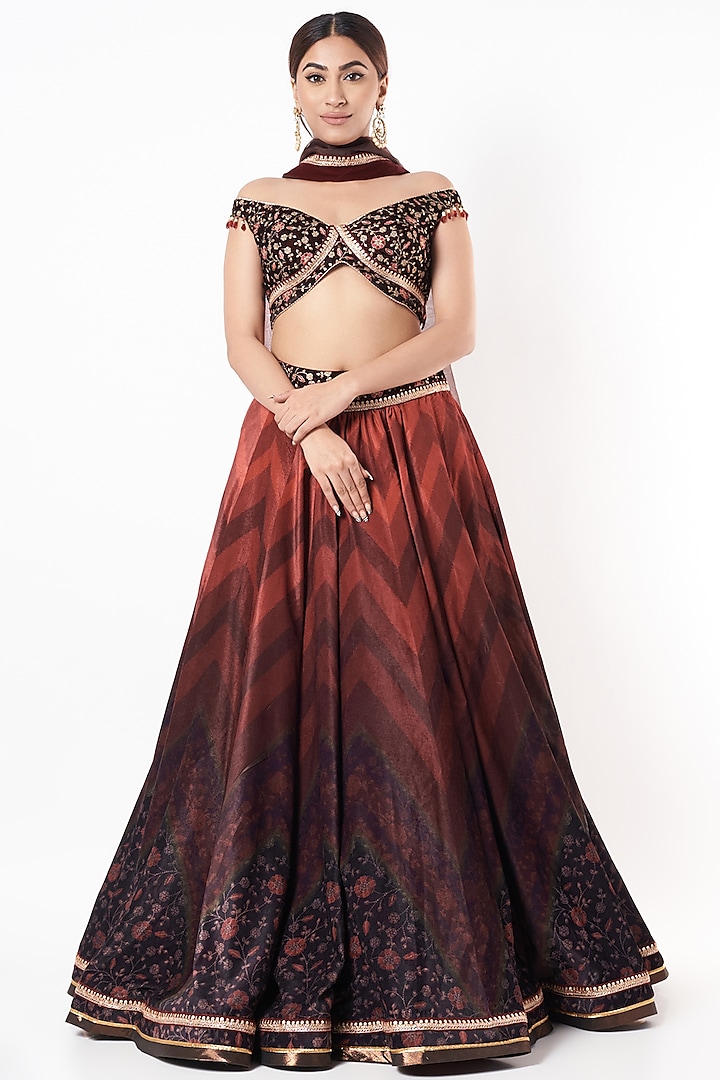 Dark Red Printed Lehenga Set by Cedar and Pine