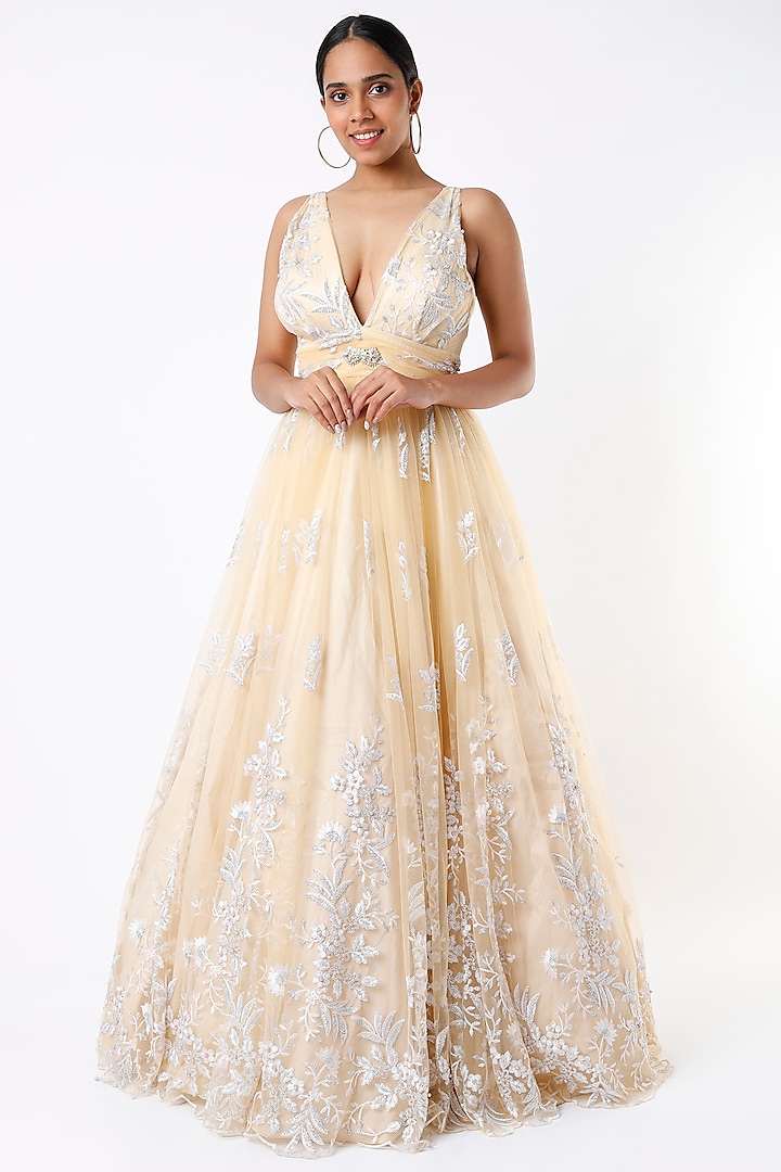 Pale Yellow Embroidered Gown by Cedar and Pine