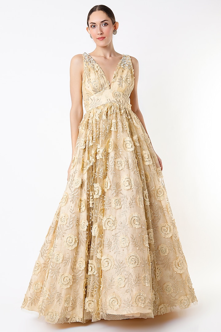 Gold Tulle Floral Gown by Cedar and Pine