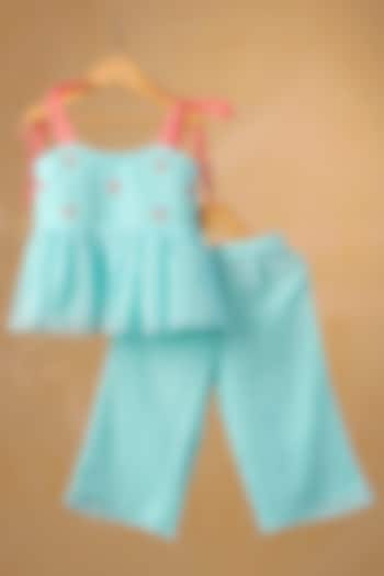 Sea Blue Kota Doria Embroidered Co-Ord Set For Girls by Casa Ninos at Pernia's Pop Up Shop