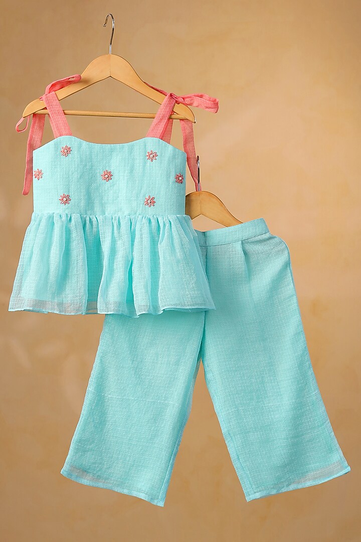 Sea Blue Kota Doria Embroidered Co-Ord Set For Girls by Casa Ninos at Pernia's Pop Up Shop