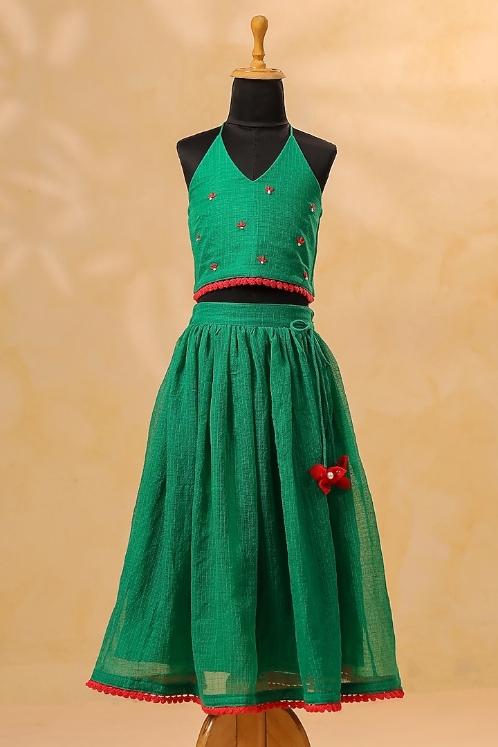 Green Kota Doria Lace Embroidered Co-Ord Set For Girls by Casa Ninos at Pernia's Pop Up Shop