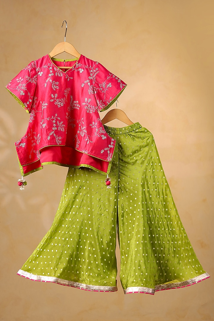 Olive Green Chanderi & Tissue Sharara Set For Girls by Casa Ninos at Pernia's Pop Up Shop