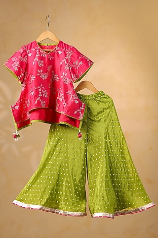 Olive Green Chanderi & Tissue Sharara Set For Girls by Casa Ninos