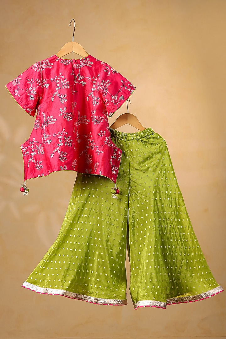 Olive Green Chanderi & Tissue Sharara Set For Girls by Casa Ninos at Pernia's Pop Up Shop