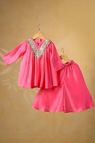 Pink Mul Chanderi Sharara Set For Girls by Casa Ninos