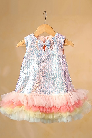 Pink Sequin & Net Embellished Ruffled Dress For Girls by Casa Ninos