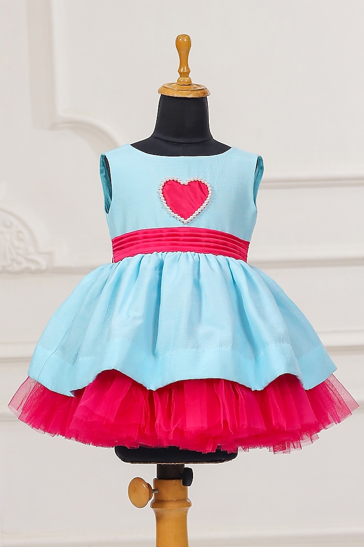 Aqua Blue & Hot Pink Dupion Dress For Girls by Casa Ninos at Pernia's Pop Up Shop
