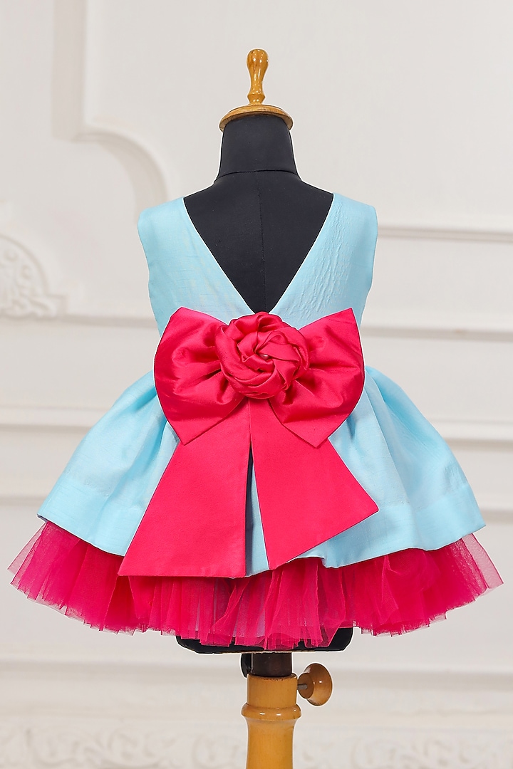 Aqua Blue & Hot Pink Dupion Dress For Girls by Casa Ninos at Pernia's Pop Up Shop