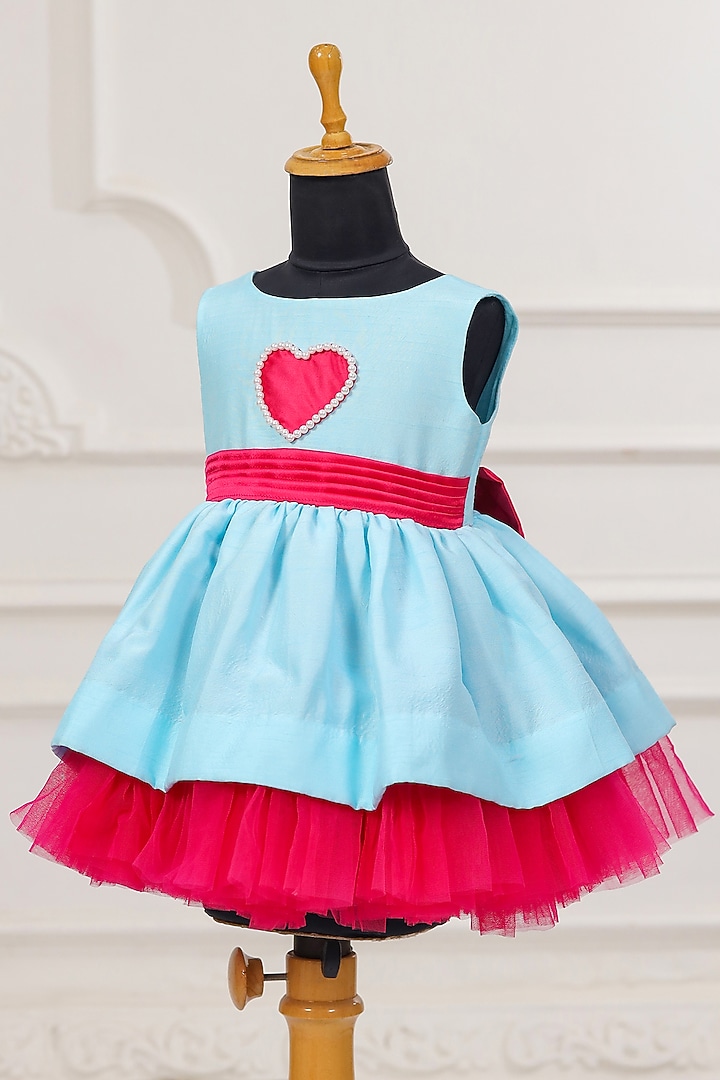 Aqua Blue & Hot Pink Dupion Dress For Girls by Casa Ninos at Pernia's Pop Up Shop