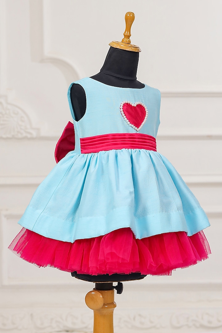 Aqua Blue & Hot Pink Dupion Dress For Girls by Casa Ninos at Pernia's Pop Up Shop