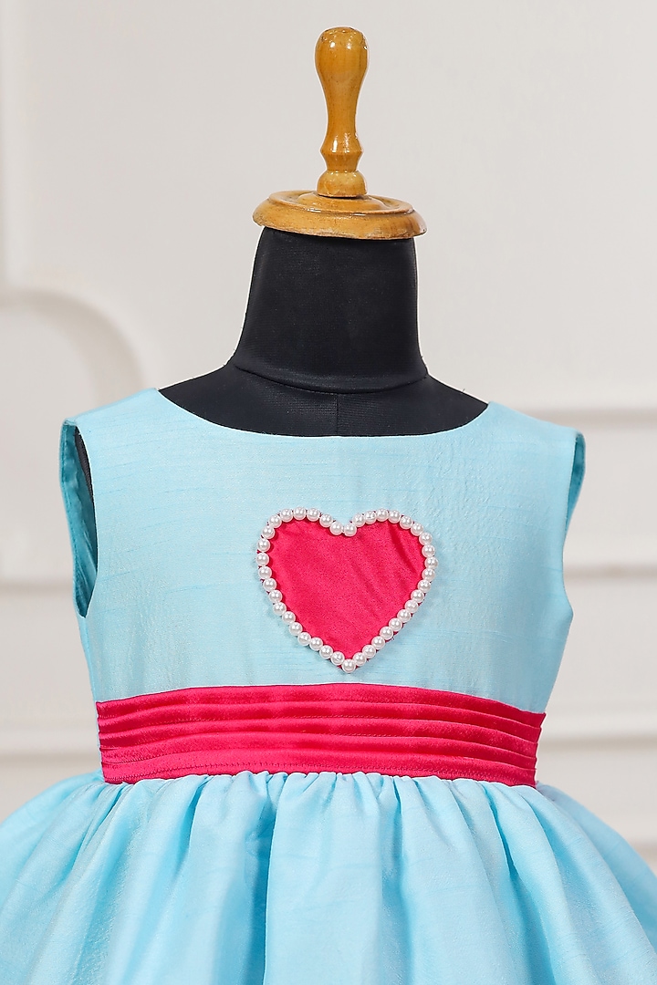 Aqua Blue & Hot Pink Dupion Dress For Girls by Casa Ninos at Pernia's Pop Up Shop