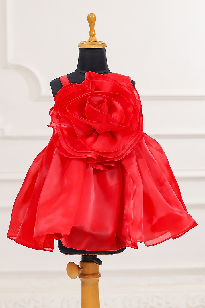 Red Organza Floral Applique Flared Dress For Girls by Casa Ninos at Pernia's Pop Up Shop