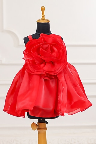 Red Organza Floral Applique Flared Dress For Girls by Casa Ninos