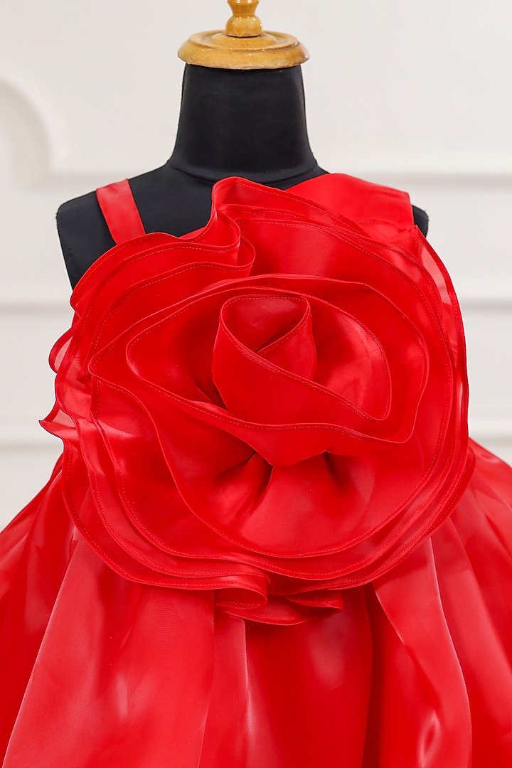Red Organza Floral Applique Flared Dress For Girls by Casa Ninos at Pernia's Pop Up Shop