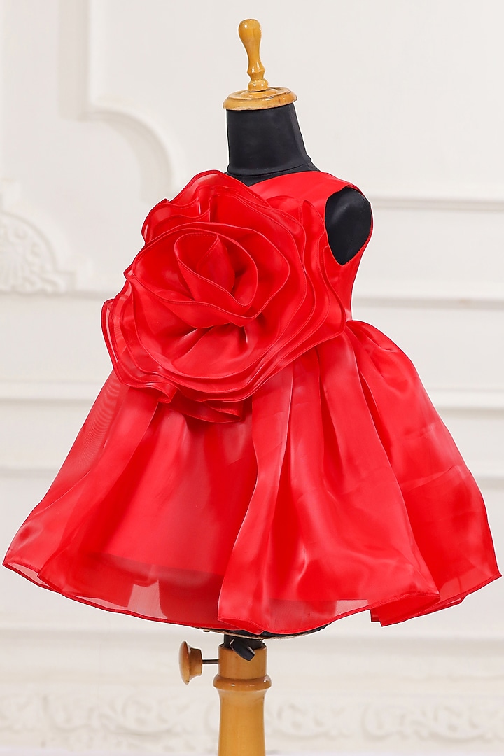Red Organza Floral Applique Flared Dress For Girls by Casa Ninos at Pernia's Pop Up Shop