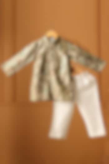 Olive Green Crushed Tissue Printed Kurta Set For Boys by Casa Ninos at Pernia's Pop Up Shop