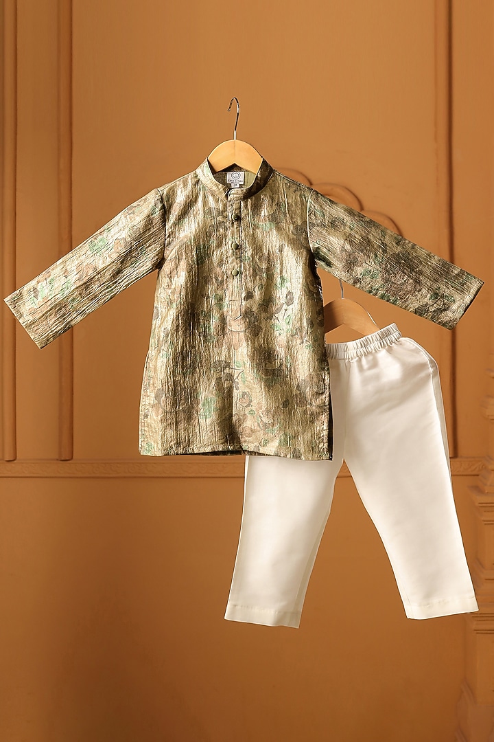 Olive Green Crushed Tissue Printed Kurta Set For Boys by Casa Ninos at Pernia's Pop Up Shop