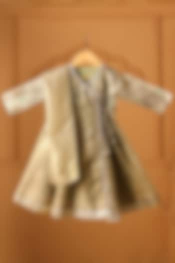 Olive Green Crushed Tissue Angrakha Anarkali Set For Girls by Casa Ninos at Pernia's Pop Up Shop