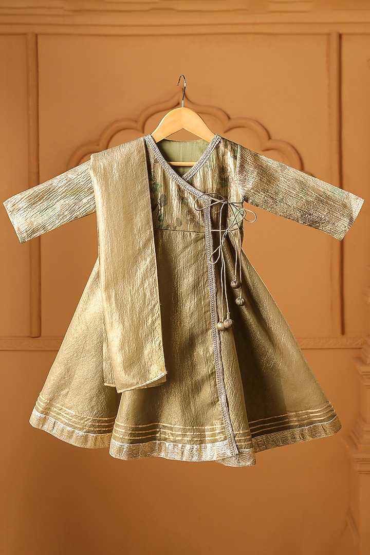 Olive Green Crushed Tissue Angrakha Anarkali Set For Girls by Casa Ninos at Pernia's Pop Up Shop