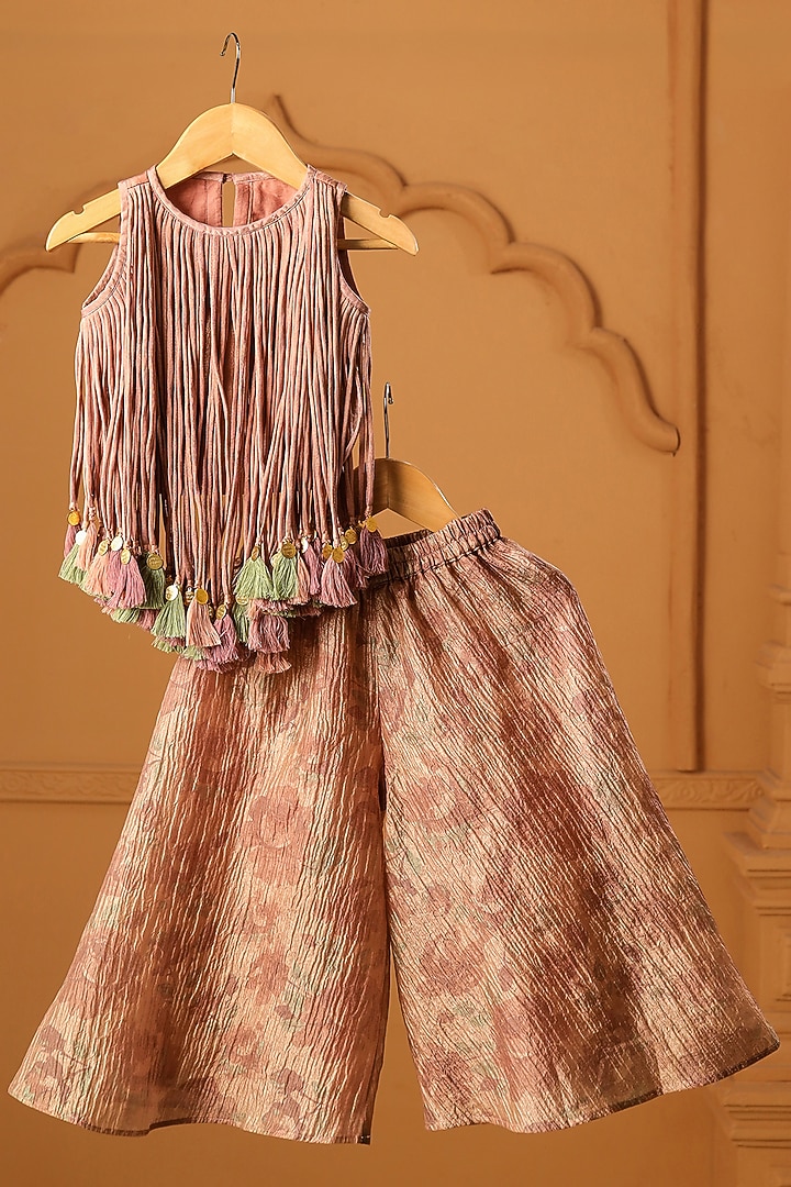 Peach Crushed Tissue Printed Flared Sharara Set For Girls by Casa Ninos at Pernia's Pop Up Shop