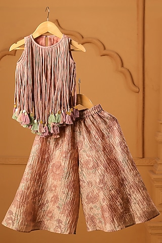 Peach Crushed Tissue Printed Flared Sharara Set For Girls by Casa Ninos