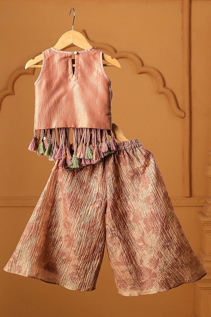 Peach Crushed Tissue Printed Flared Sharara Set For Girls by Casa Ninos at Pernia's Pop Up Shop
