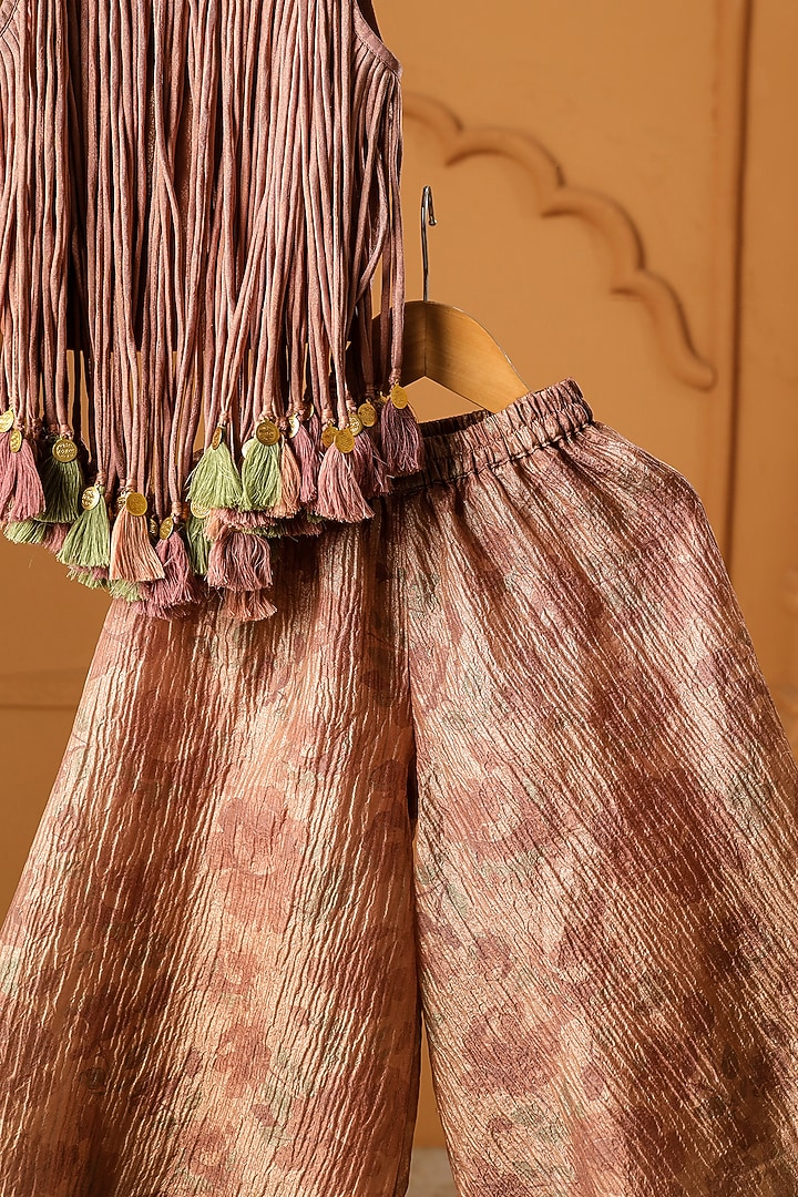 Peach Crushed Tissue Printed Flared Sharara Set For Girls by Casa Ninos at Pernia's Pop Up Shop