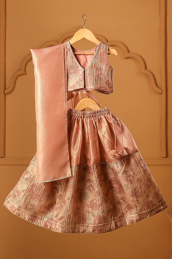 Peach Crushed Tissue Lehenga Set For Girls by Casa Ninos at Pernia's Pop Up Shop