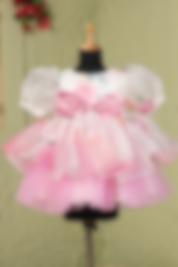 White & Pink Organza Satin Floral Printed Dress For Girls by Casa Ninos at Pernia's Pop Up Shop