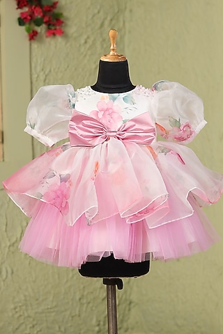 White & Pink Organza Satin Floral Printed Dress For Girls by Casa Ninos