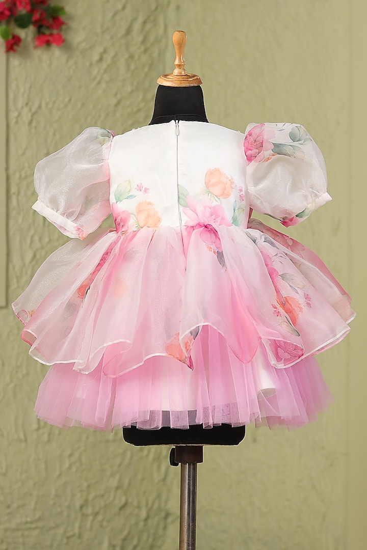 White & Pink Organza Satin Floral Printed Dress For Girls by Casa Ninos at Pernia's Pop Up Shop