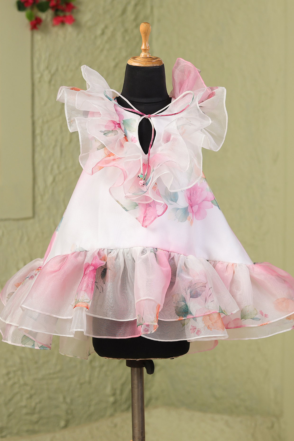White & Pink Organza Satin Floral Printed Dress For Girls by Casa Ninos at Pernia's Pop Up Shop