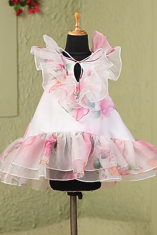 White & Pink Organza Satin Floral Printed Dress For Girls by Casa Ninos