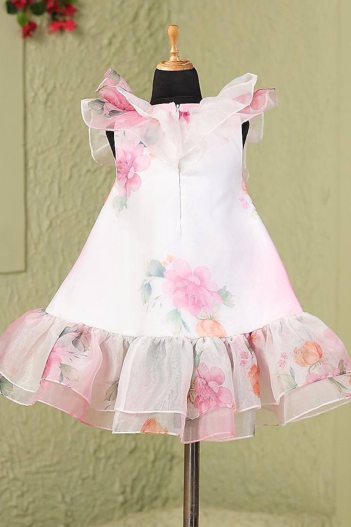 White & Pink Organza Satin Floral Printed Dress For Girls by Casa Ninos at Pernia's Pop Up Shop
