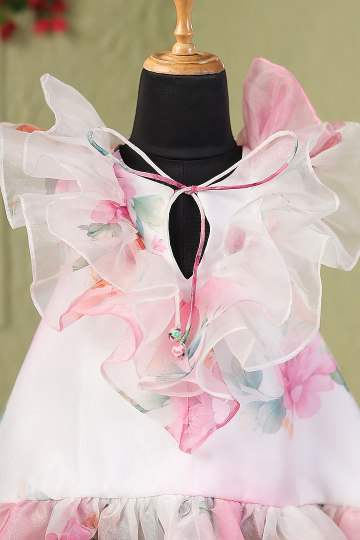 White & Pink Organza Satin Floral Printed Dress For Girls by Casa Ninos at Pernia's Pop Up Shop