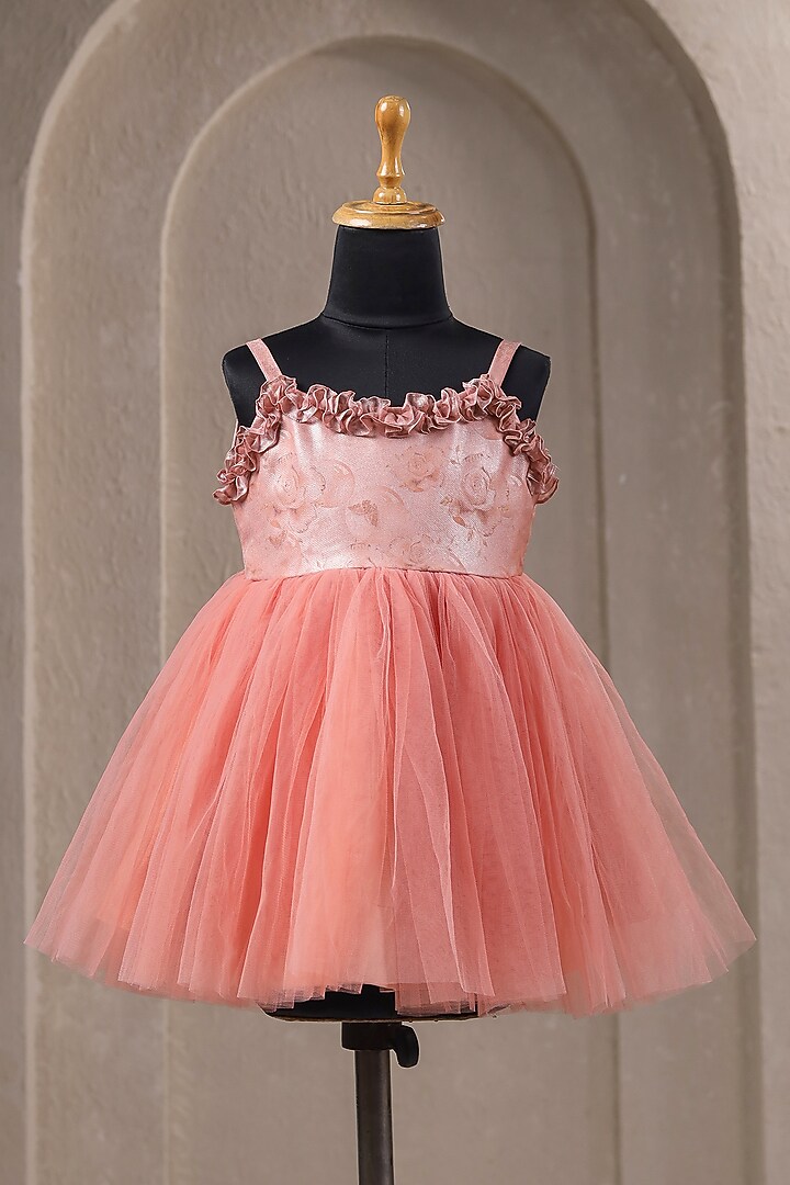 Rust Organza Satin Floral Work & Printed Dress For Girls by Casa Ninos at Pernia's Pop Up Shop