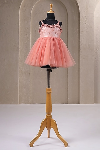 Rust Organza Satin Flora Printed Strappy Dress For Girls by Casa Ninos