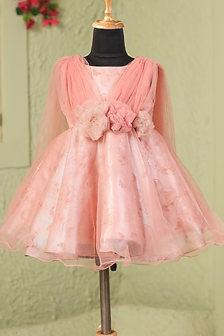 Rust Organza Satin Floral Work & Printed Dress For Girls by Casa Ninos