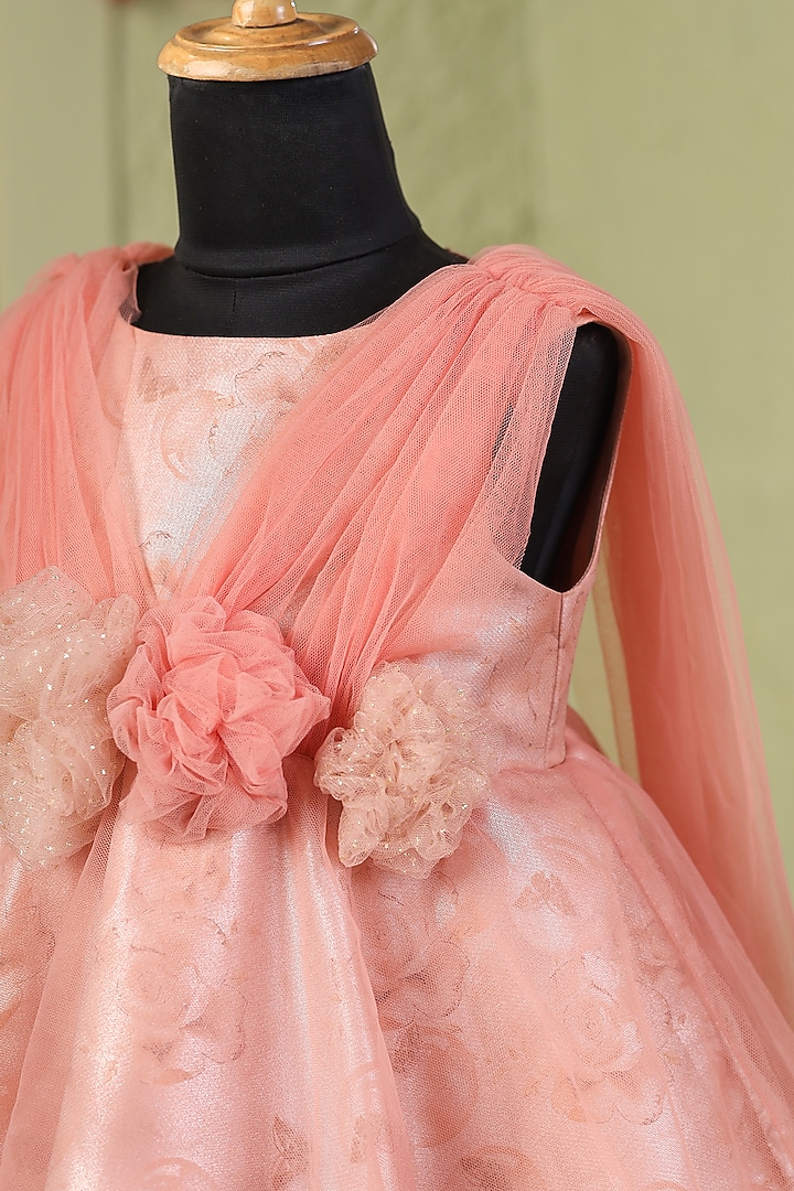 Rust Organza Satin Floral Work & Printed Dress For Girls by Casa Ninos at Pernia's Pop Up Shop
