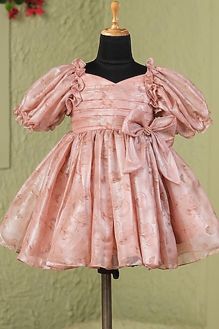 Rust Organza Satin Floral Printed Dress For Girls by Casa Ninos