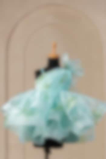 Sea Blue Organza Satin Floral Printed One-Shoulder Dress For Girls by Casa Ninos at Pernia's Pop Up Shop