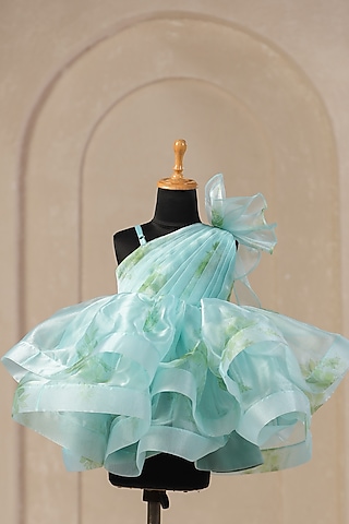 Sea Blue Organza Satin Floral Printed One-Shoulder Dress For Girls by Casa Ninos