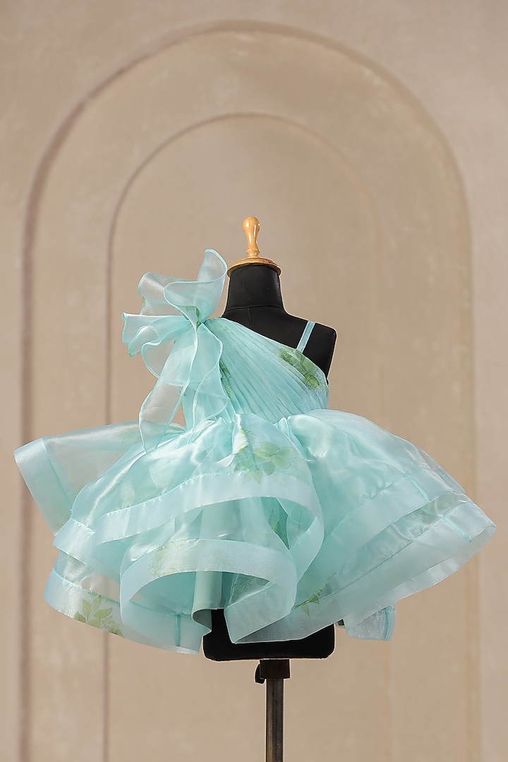 Sea Blue Organza Satin Floral Printed One-Shoulder Dress For Girls by Casa Ninos at Pernia's Pop Up Shop